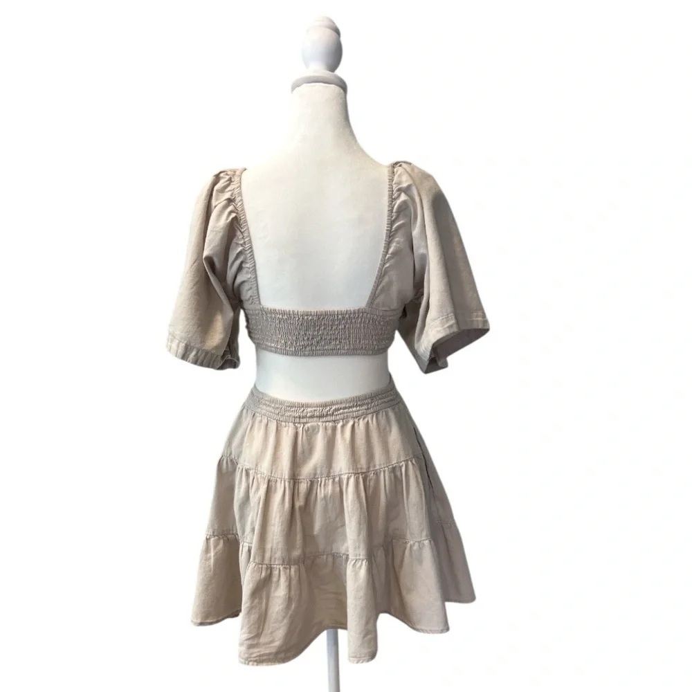 Free People Cross of Sunlight Mini Dress Cream Cotton Linen Cutout Tiered XS - Picture 3 of 5